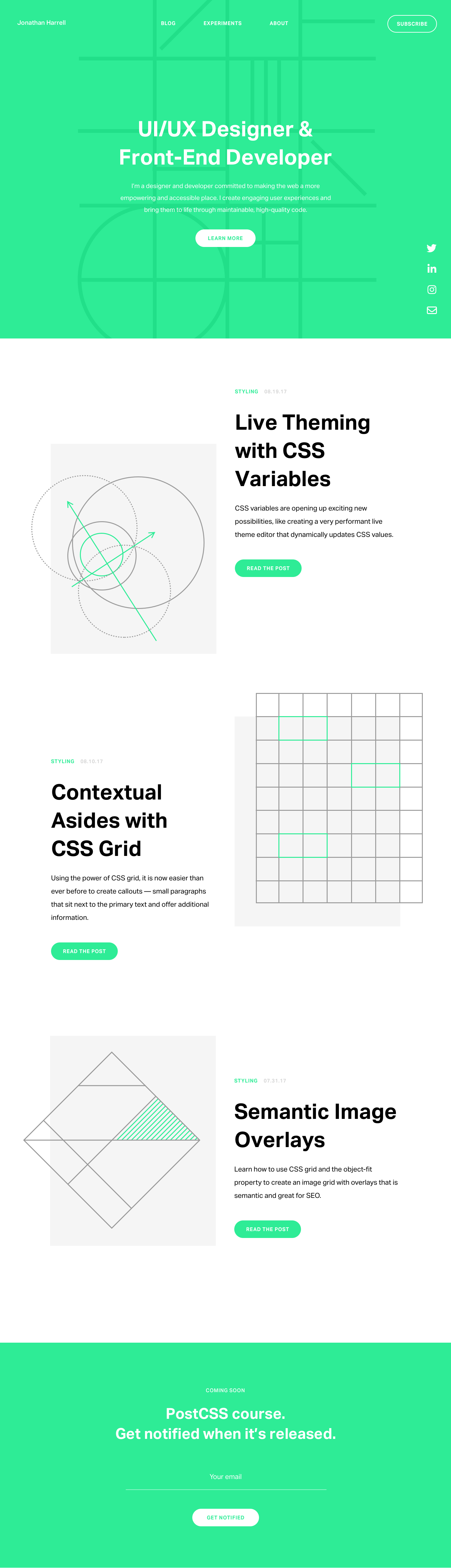 Homepage of a personal website for Jonathan Harrell, a UI/UX designer and front-end developer. The layout features a bold green theme, a centered hero section with a short bio, and links to blog posts on CSS techniques. The page includes stylized illustrations, article previews, and a PostCSS course notification form at the bottom.