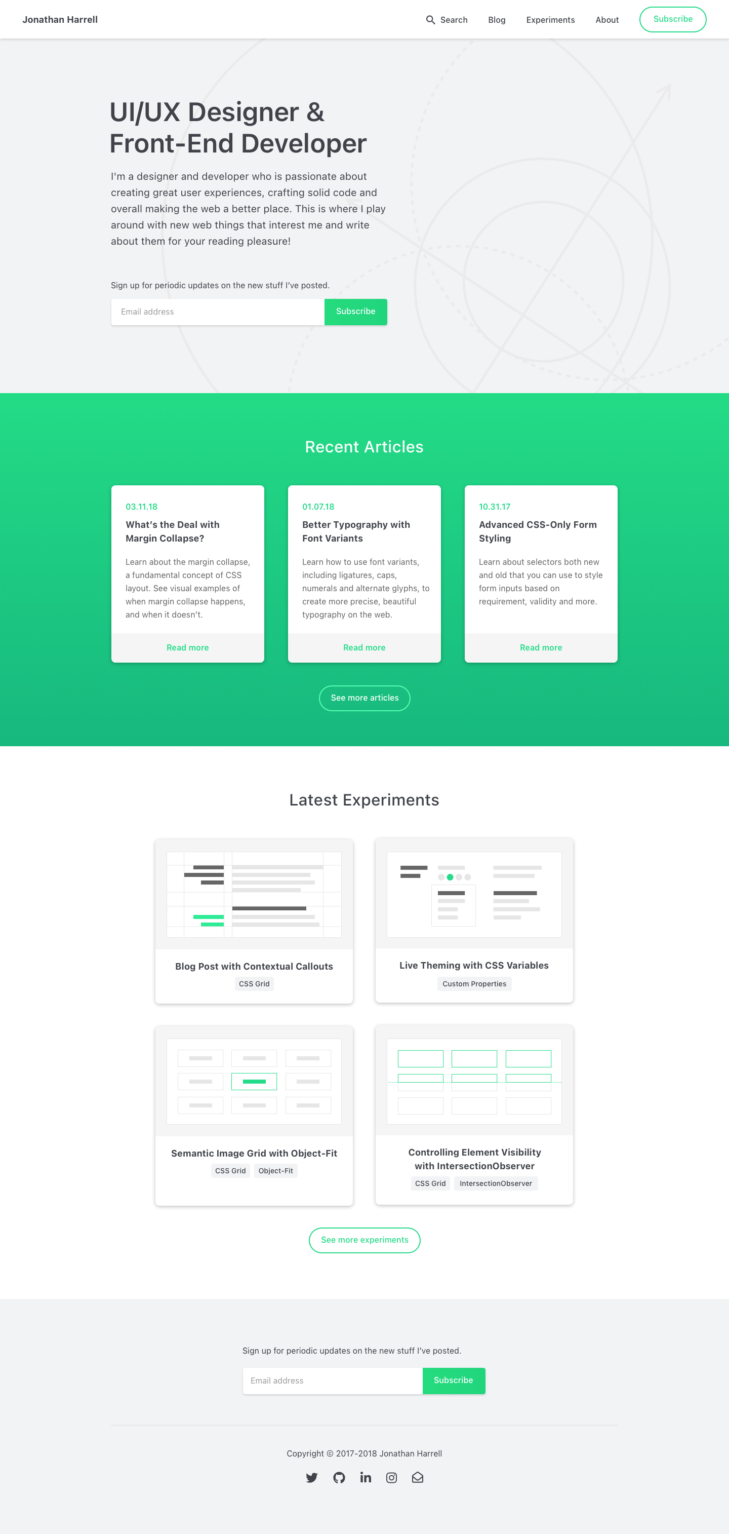 A clean and modern personal website for Jonathan Harrell, with a white and green color scheme. Features a centered hero section with an email subscription form, a row of recent article cards, and a section of visual experiment thumbnails below. Footer includes contact icons and another subscription form.