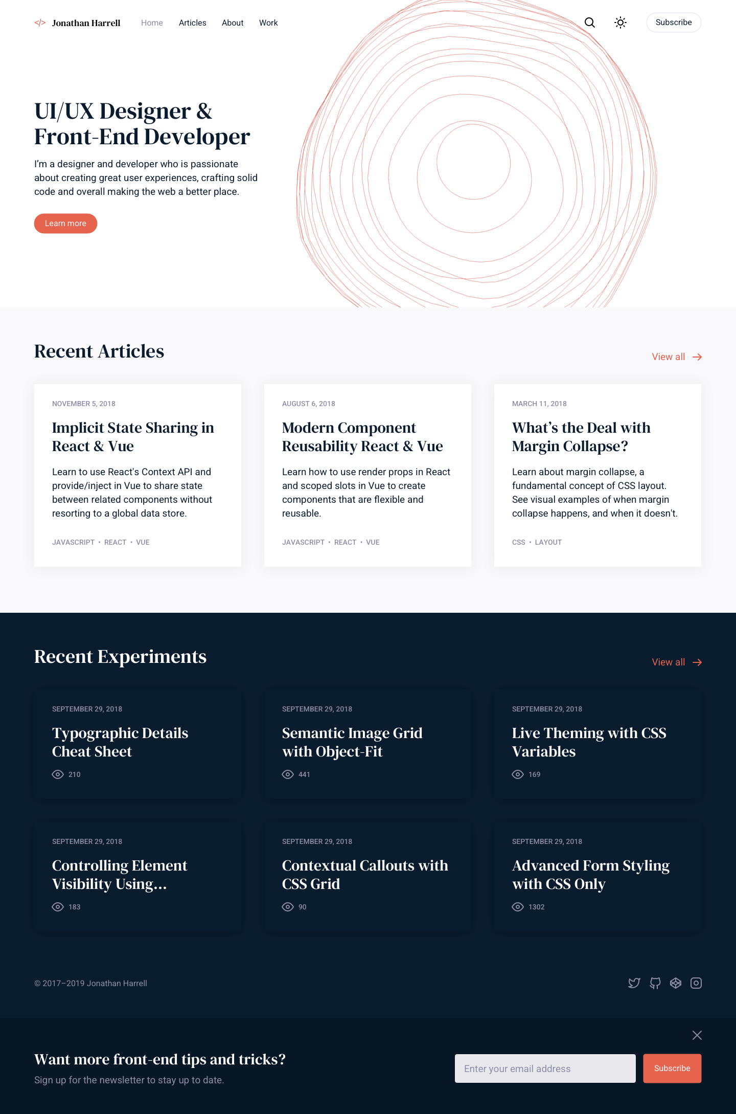 A version of Jonathan Harrell’s website showcasing a refined layout. Includes a left-aligned hero section with a red line-art circle graphic, article previews in a card layout, and a grid of experiment cards with view counts. Footer contains social media icons and a newsletter sign-up form.